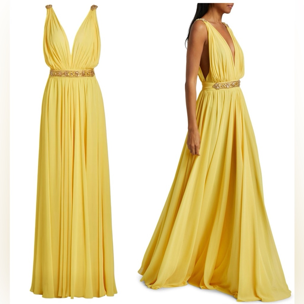 Reem Acra Embellished Chiffon V-Neck Gown Yellow Maxi Dress US2